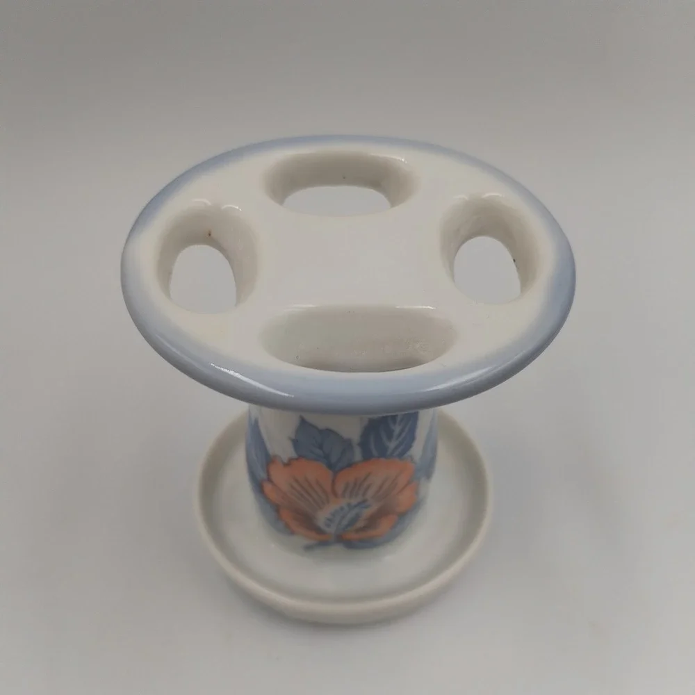 Vintage‎ Ceramic Toothbrush Holder Retro Floral Peach Blue 4 Slot Bathroom